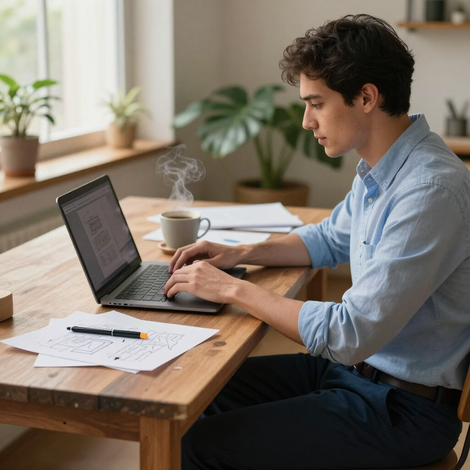 Person typing on a laptop at a wooden table with papers and coffee in a bright home office