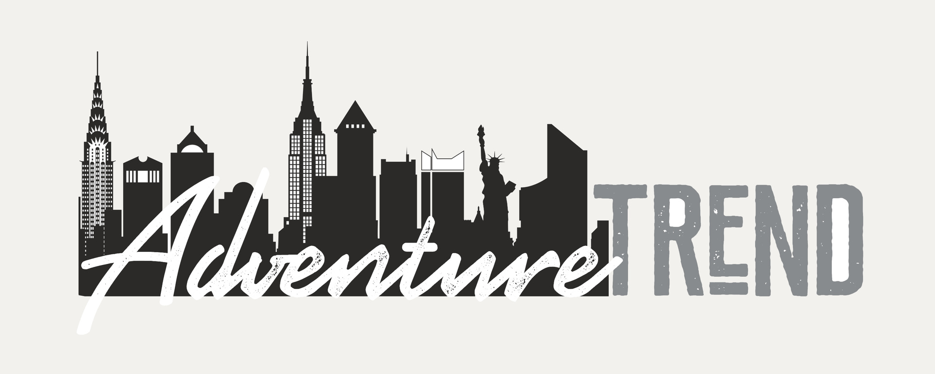 Adventure Trend logo with a detailed New York City skyline illustration and hand lettered script