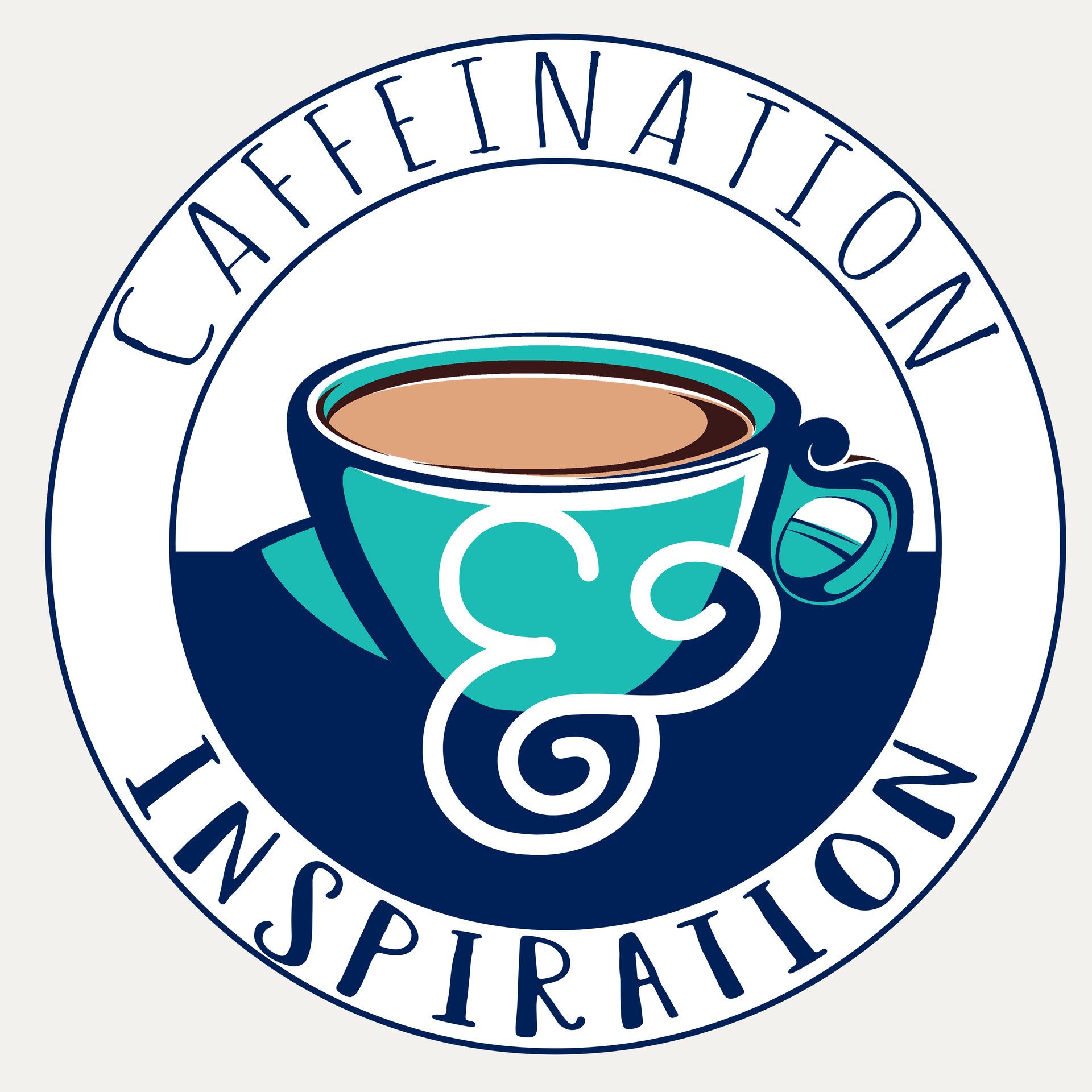 Caffeination and Inspiration logo featuring a teal coffee cup in a circular badge design