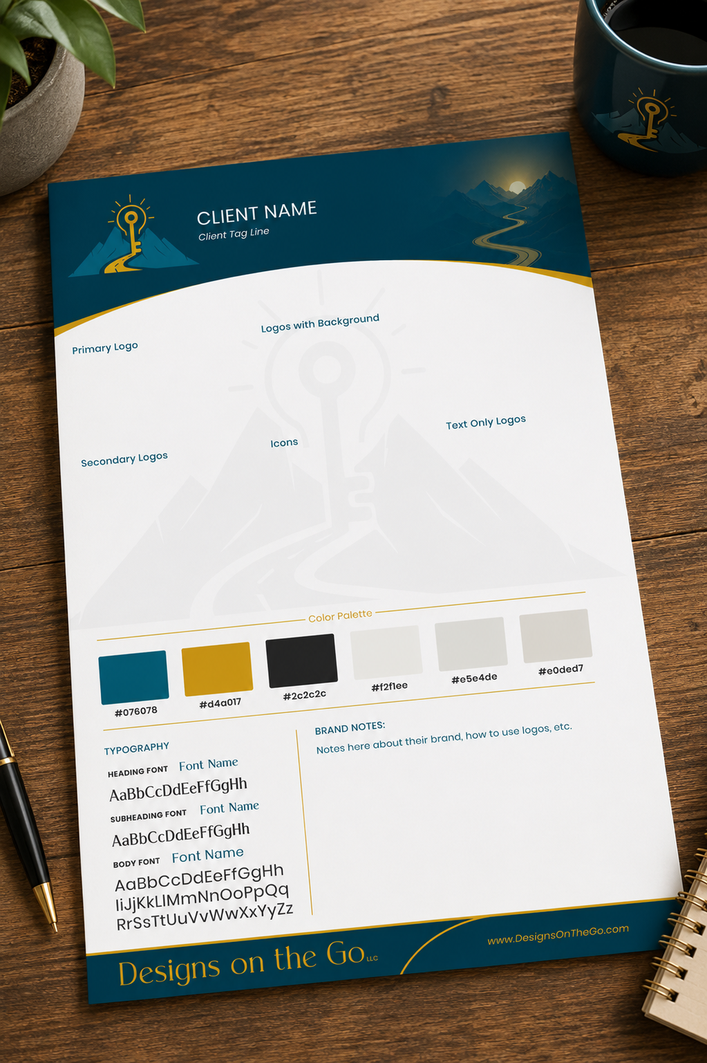 Everything your brand needs in one place Sample Designs On The Go branding board showing logo variations, color palette, typography, and brand notes