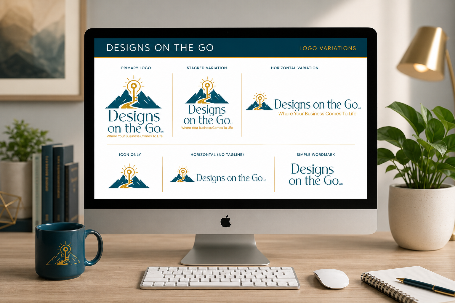 One logo, every situation covered Desktop monitor displaying six Designs On The Go logo variations with a branded teal mug and notebook on the desk
