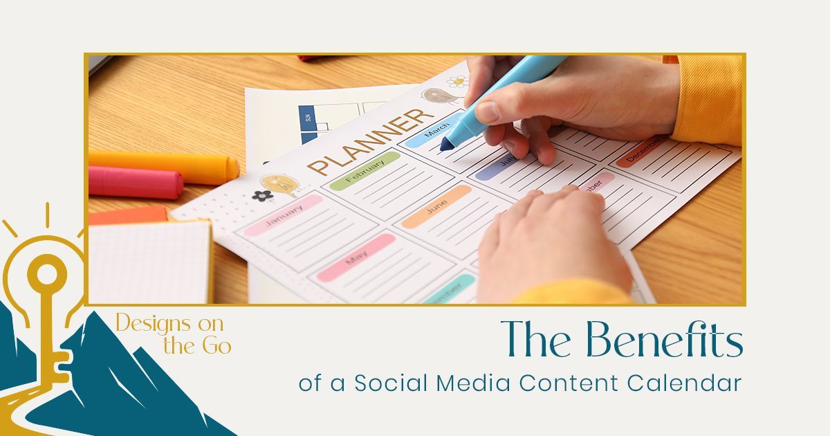 Hands planning a social media schedule on a colorful calendar beside a teal title card