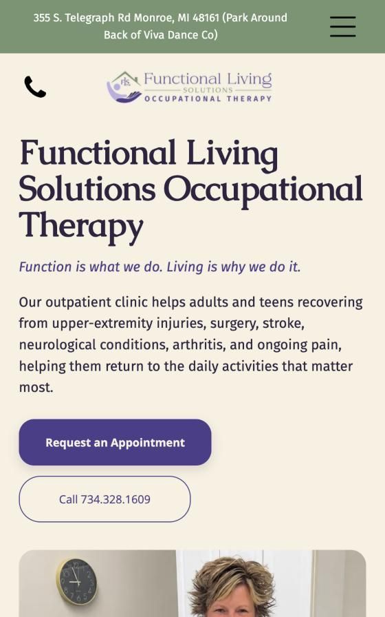 See the full site Screenshot of the Functional Living Solutions Occupational Therapy website homepage, showing their clean, professional design