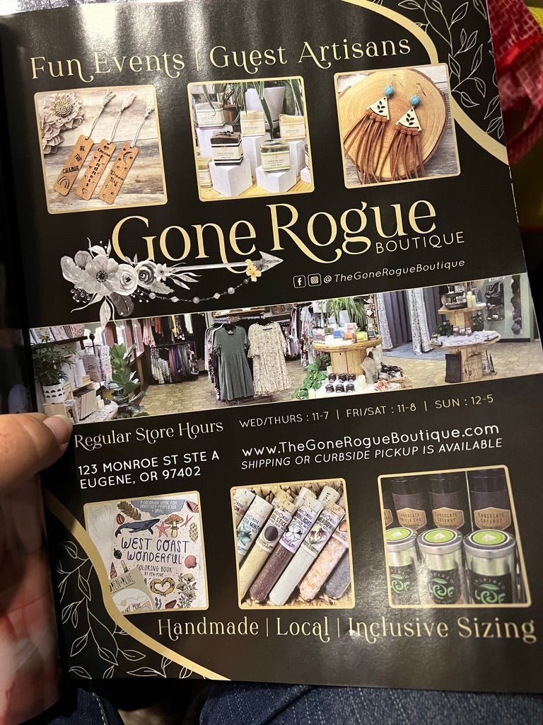 Gone Rogue Boutique promotional flyer featuring store photos, handmade goods, and event details