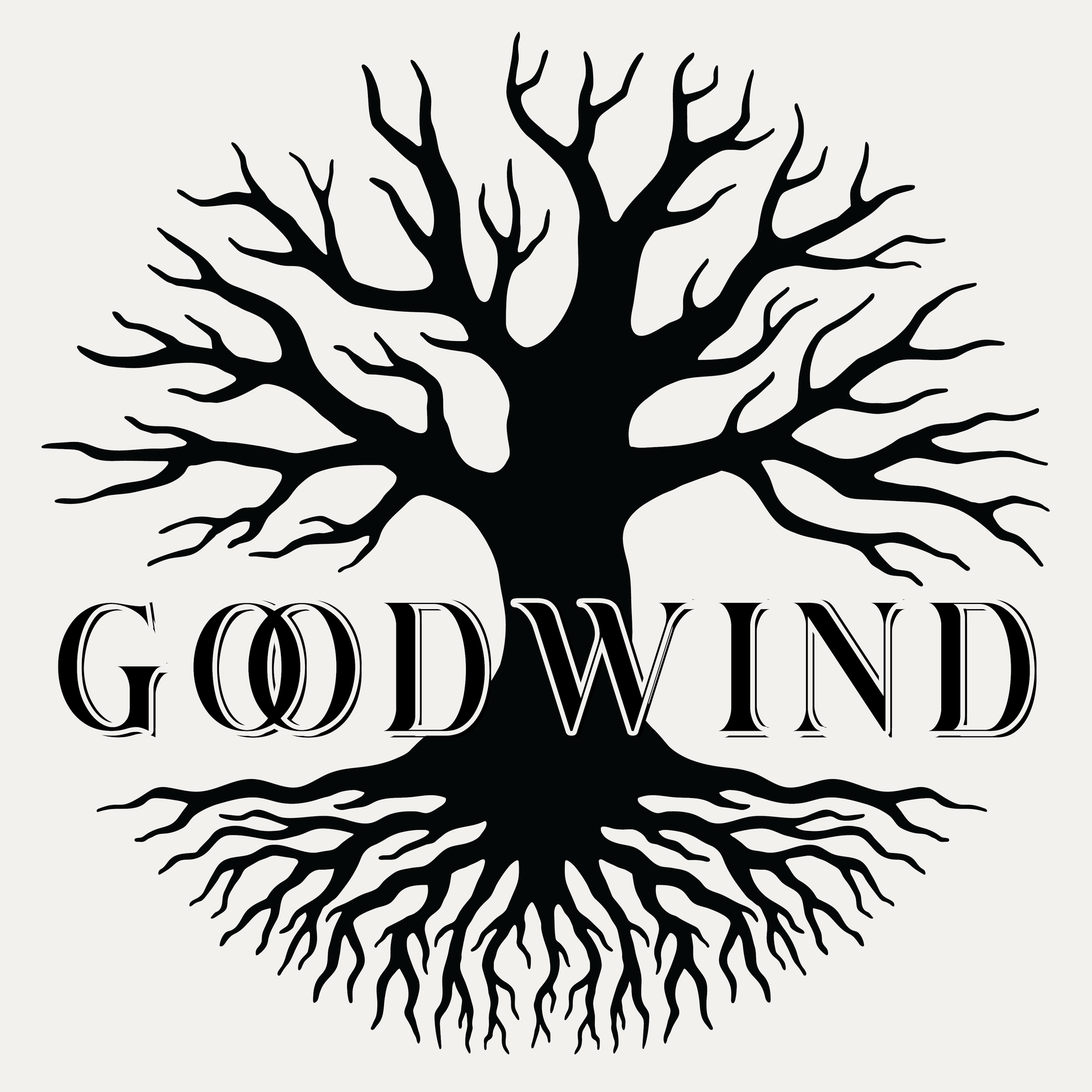 Good Wind logo featuring a black tree silhouette with roots and serif lettering