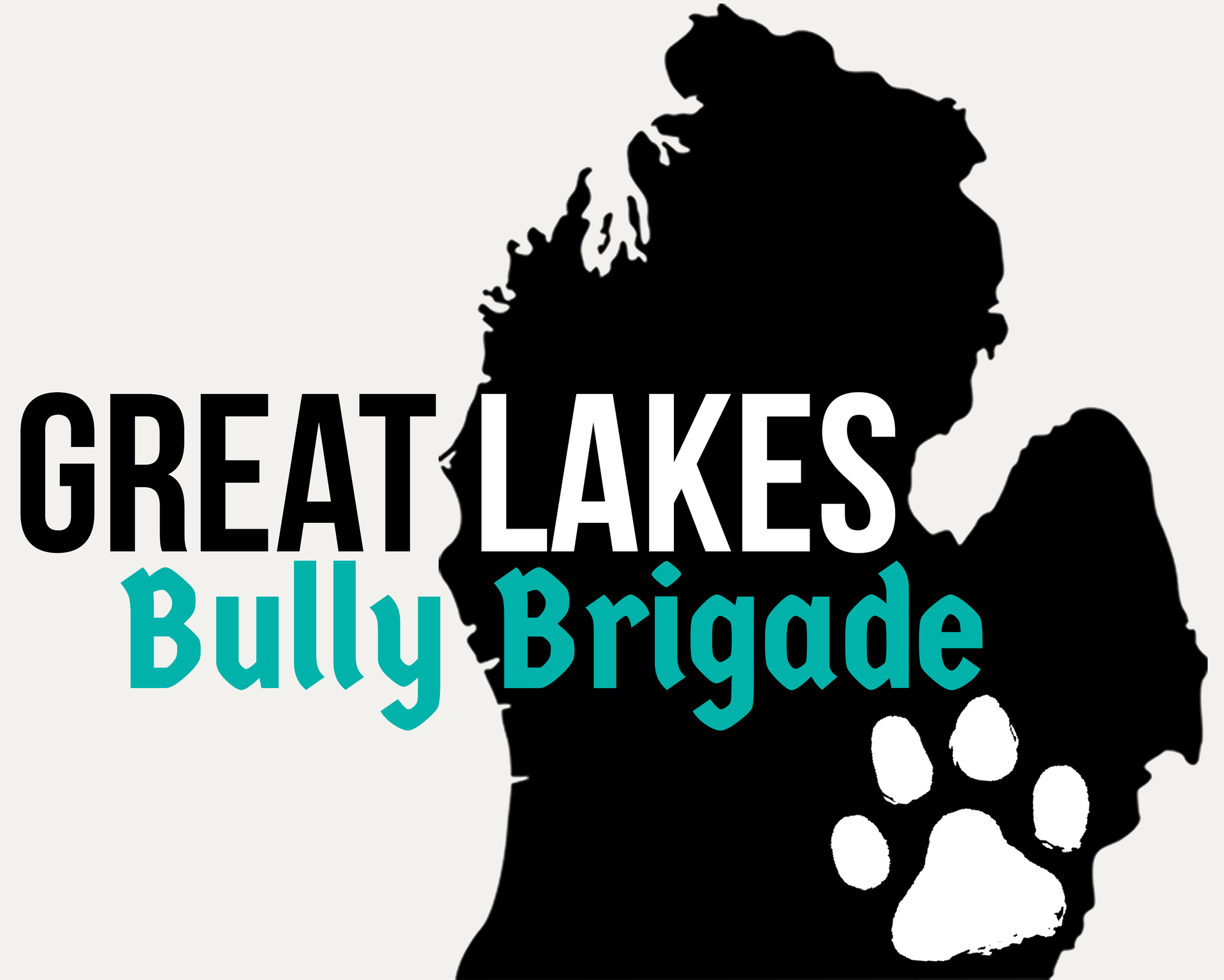 Great Lakes Bully Brigade logo with a Michigan state silhouette and paw print for a dog rescue organization