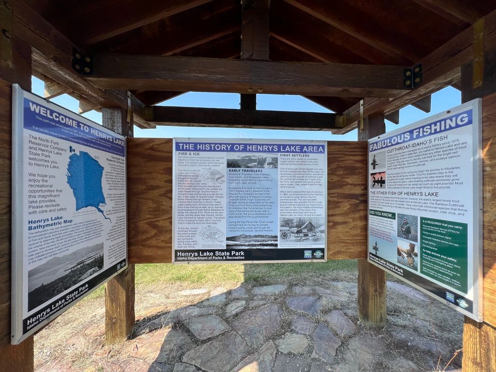 Henrys Lake State Park interpretive signage with history, fishing, and welcome information panels designed and installed