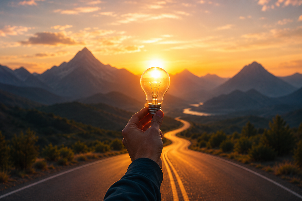 Big ideas, open road Hand holding a glowing lightbulb on a open road at sunset with mountains in the background