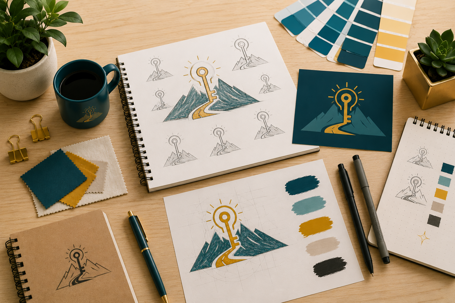From first sketch to finished brand Overhead flat lay of a logo design creative process showing multiple stages of a logo concept design