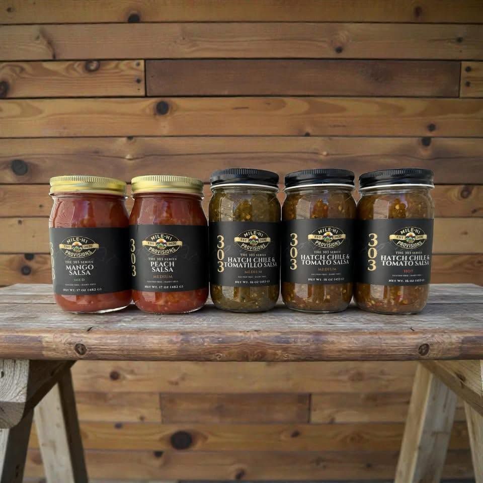 Product jar label design for Mile-Hi Provisions, black and gold packaging with mountain branding
