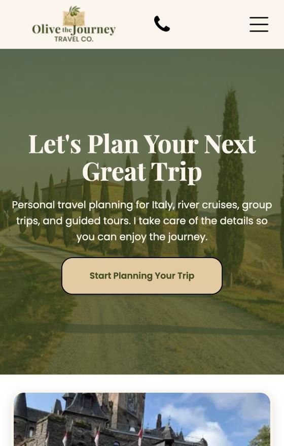 See the full site Travel planning website homepage with a green road background, headline, and “Start Planning Your Trip” button