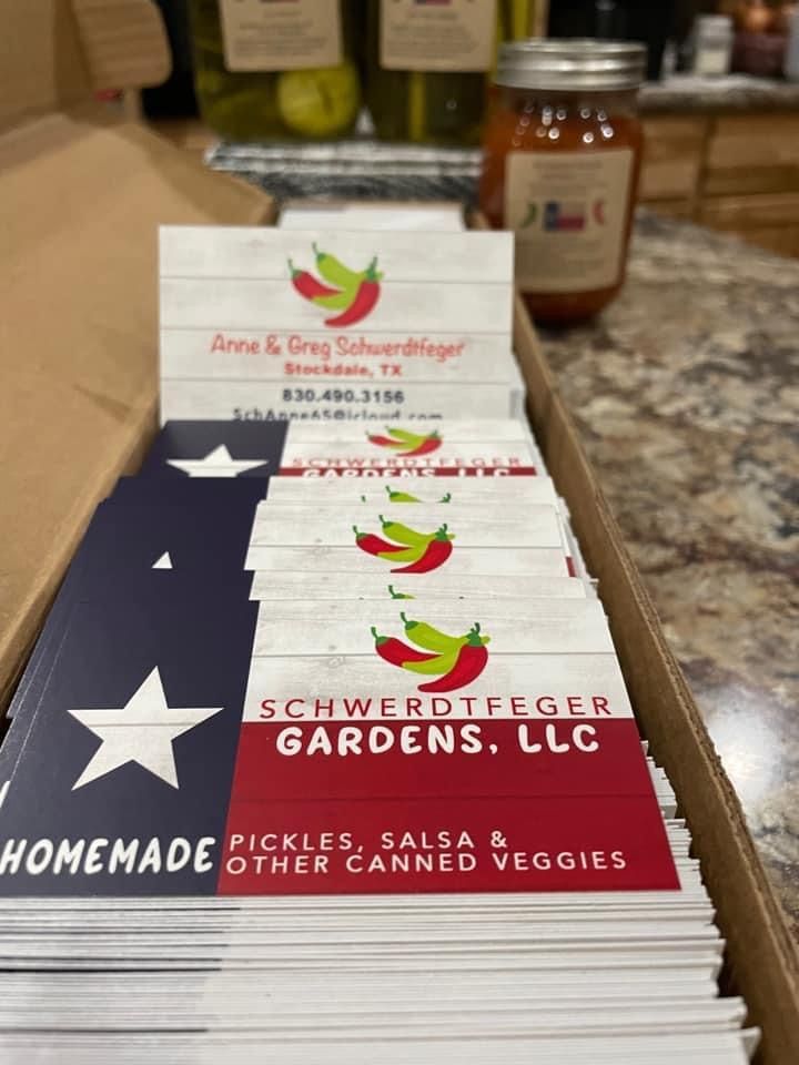 Schwerdtfeger Gardens business card design with chili pepper logo and Texas flag 
