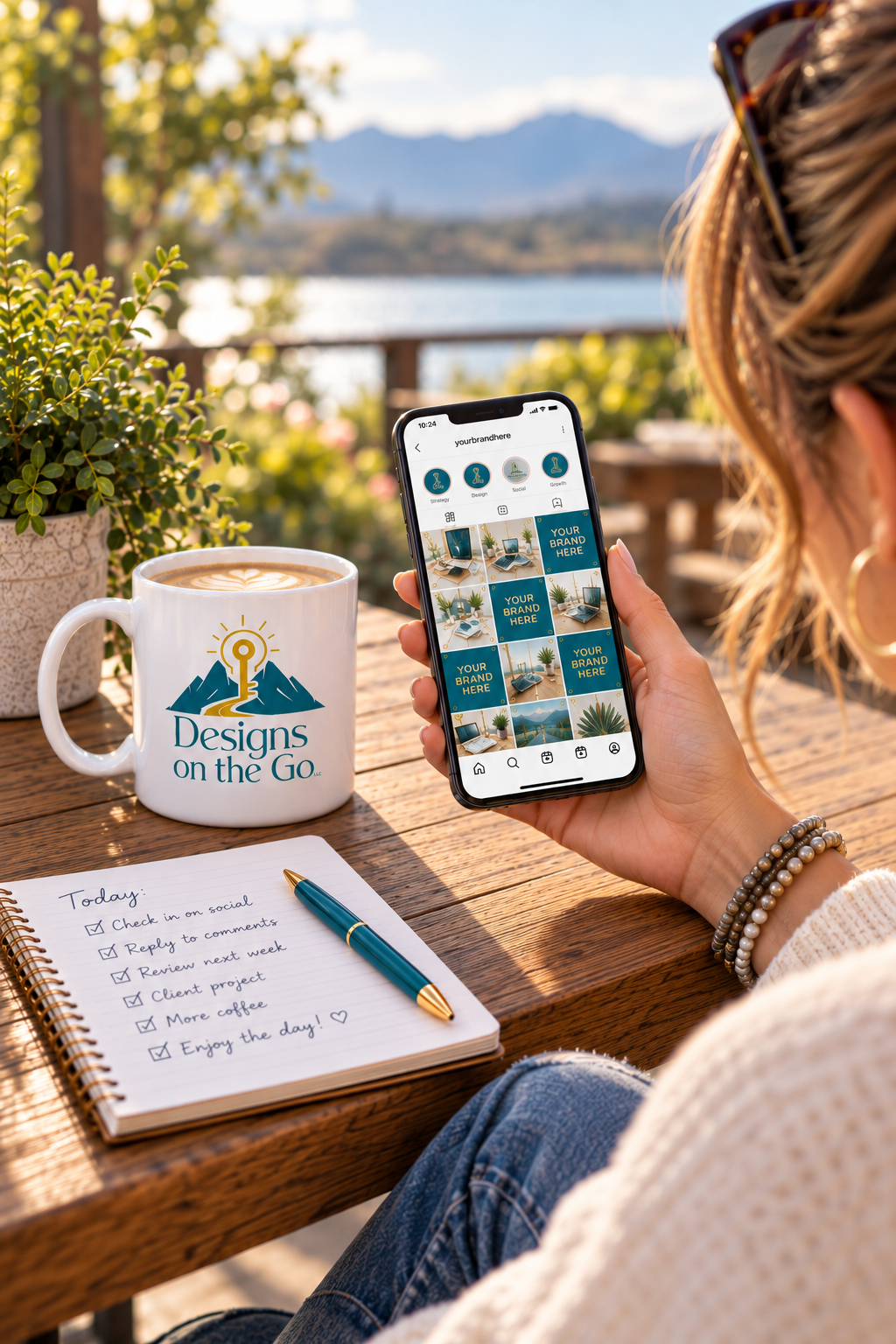 Person at a lakeside café using a smartphone beside a coffee mug and notebook, mountains in the background