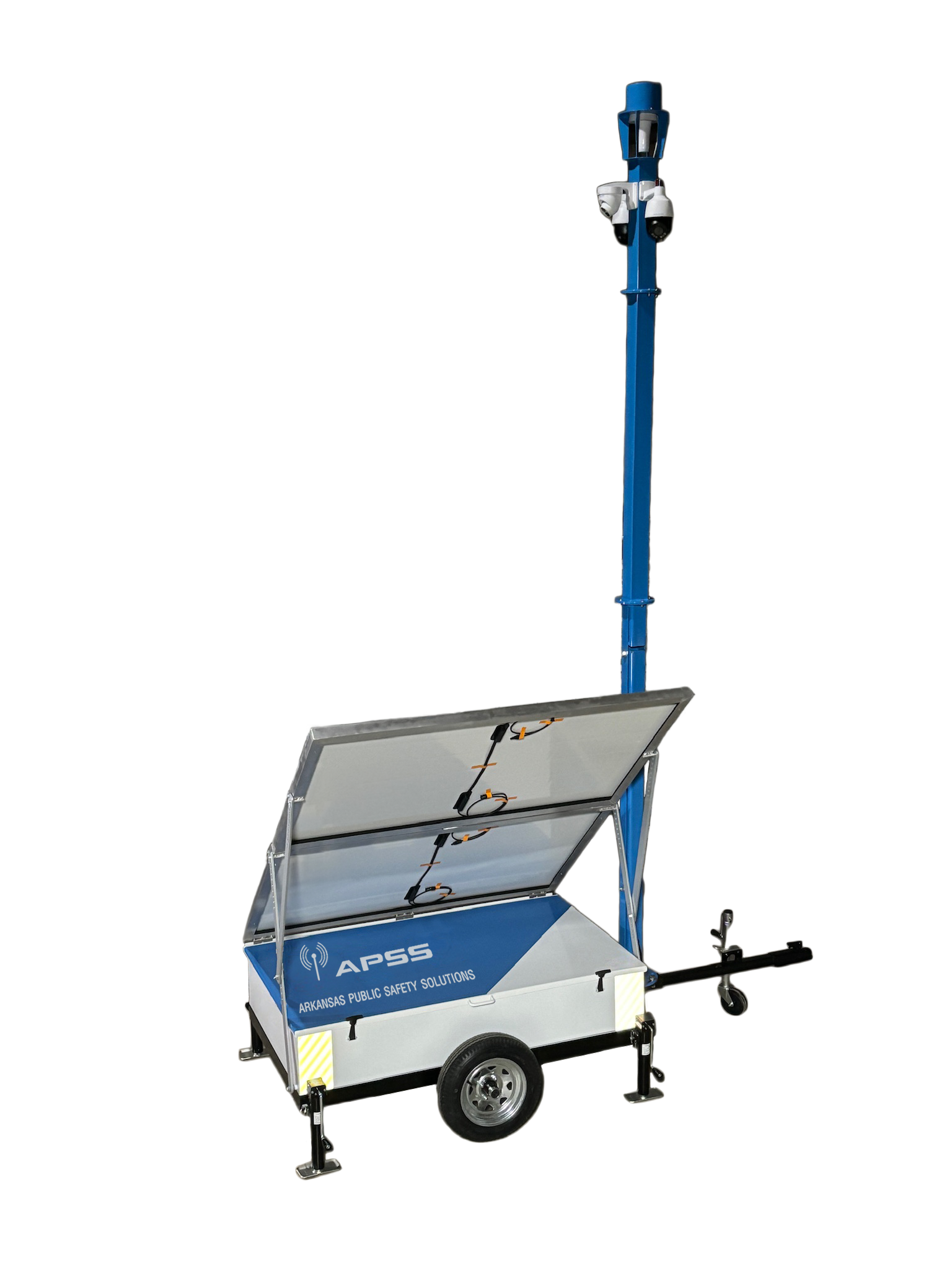 A blue and white trailer with a camera on top of it.