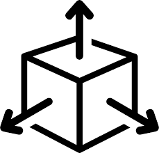 A black and white icon of a cube with arrows pointing in different directions.