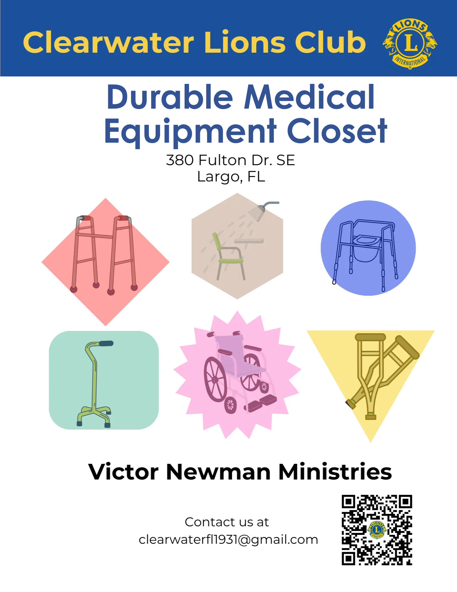 A poster for clearwater lions club durable medical equipment closet