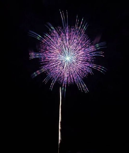 Fuochi d’artificio viola che esplodono nel cielo notturno nero, con un centro bianco luminoso e scintille che si propagano.
