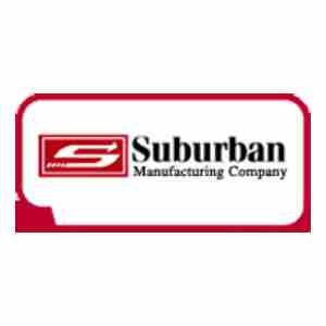 Suburban Manufacturing Company logo in red and white rectangular frame.