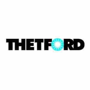 Thetford logo: Black text with a turquoise sun-like graphic replacing the ‘O’.