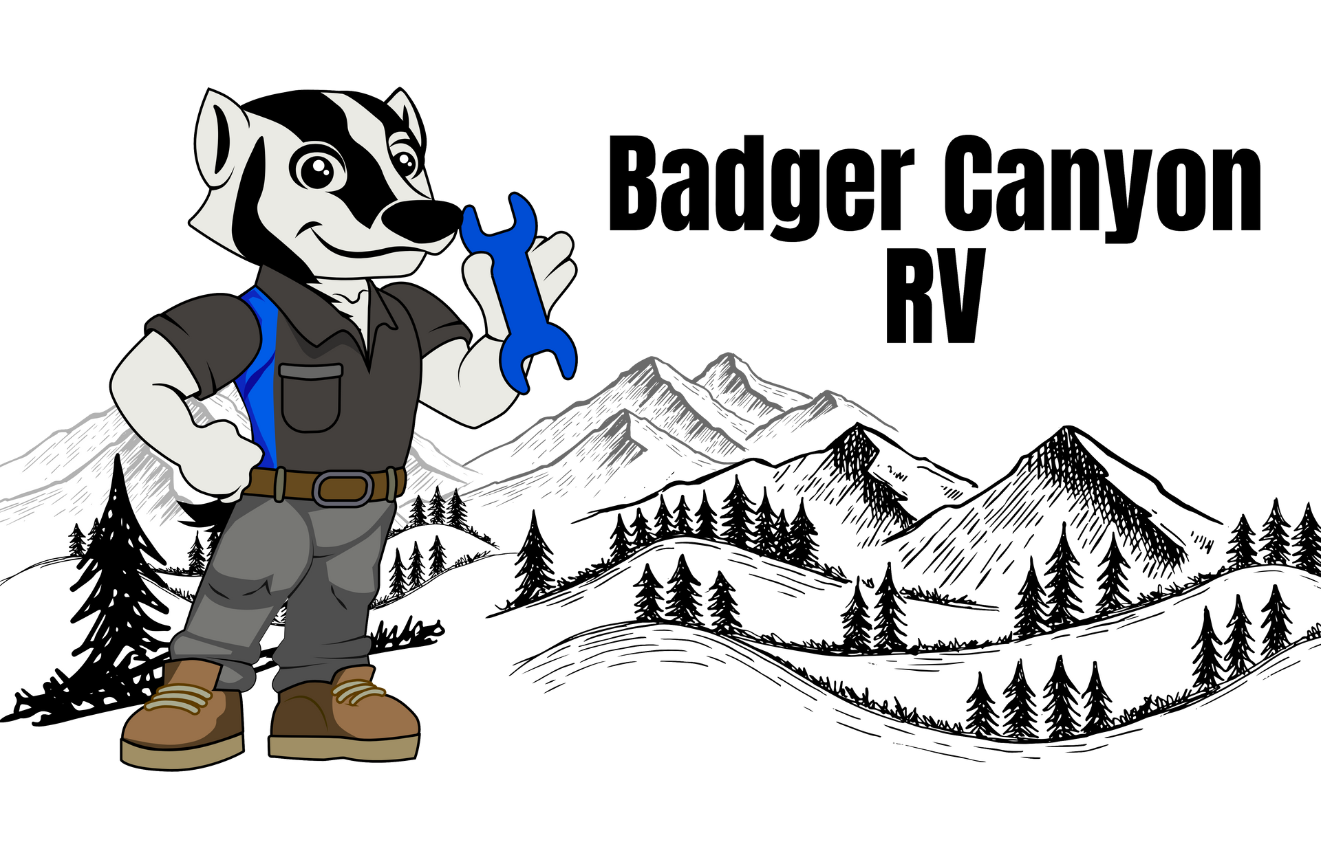 Cartoon badger holding wrench, Badger Canyon RV logo with mountains and trees in background.