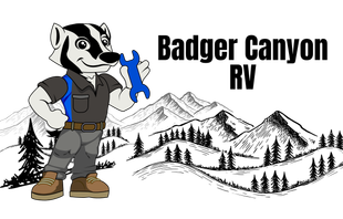 Cartoon badger holding wrench, Badger Canyon RV logo with mountains and trees in background.