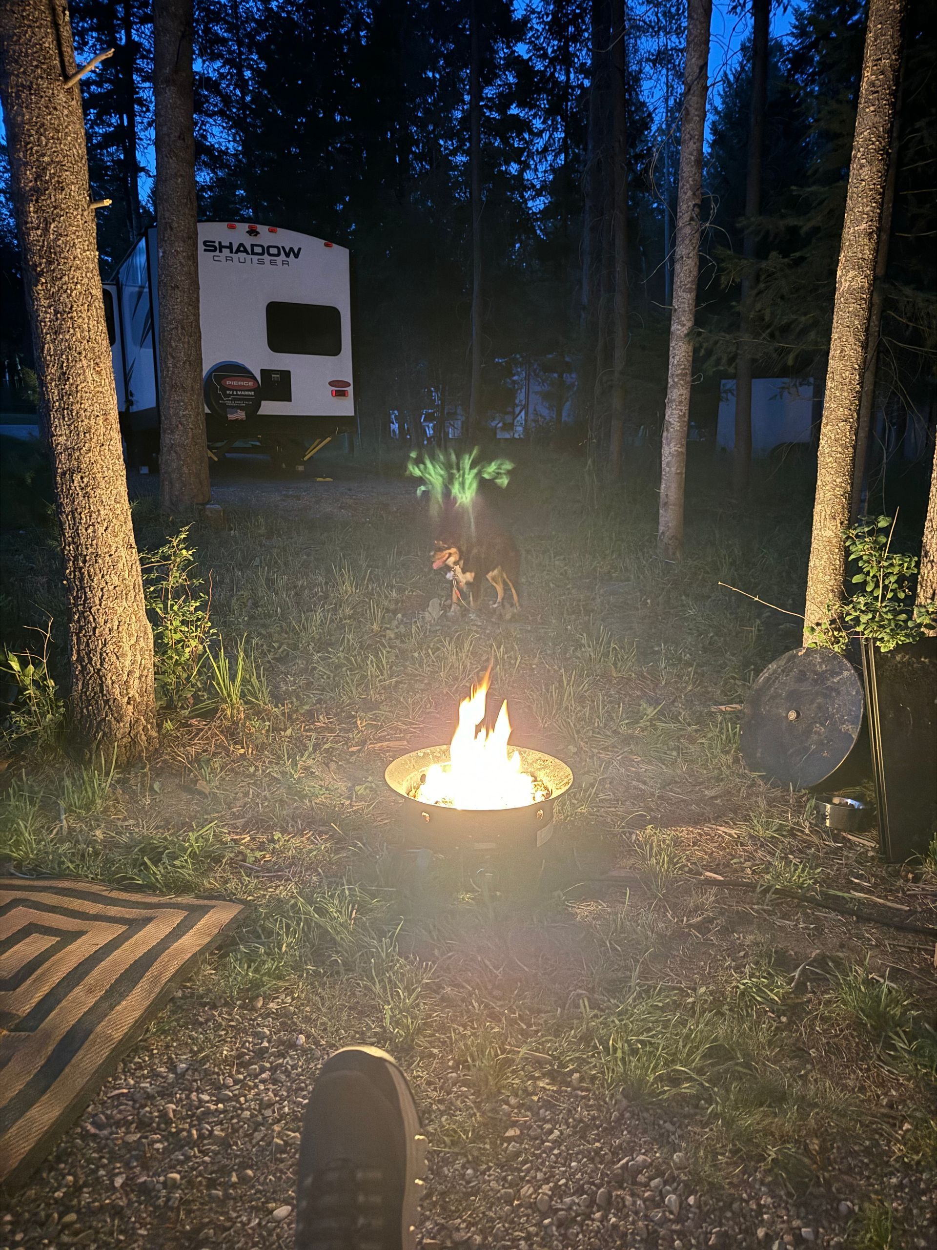 Campfire burning, surrounded by trees, RV in the background at dusk.
