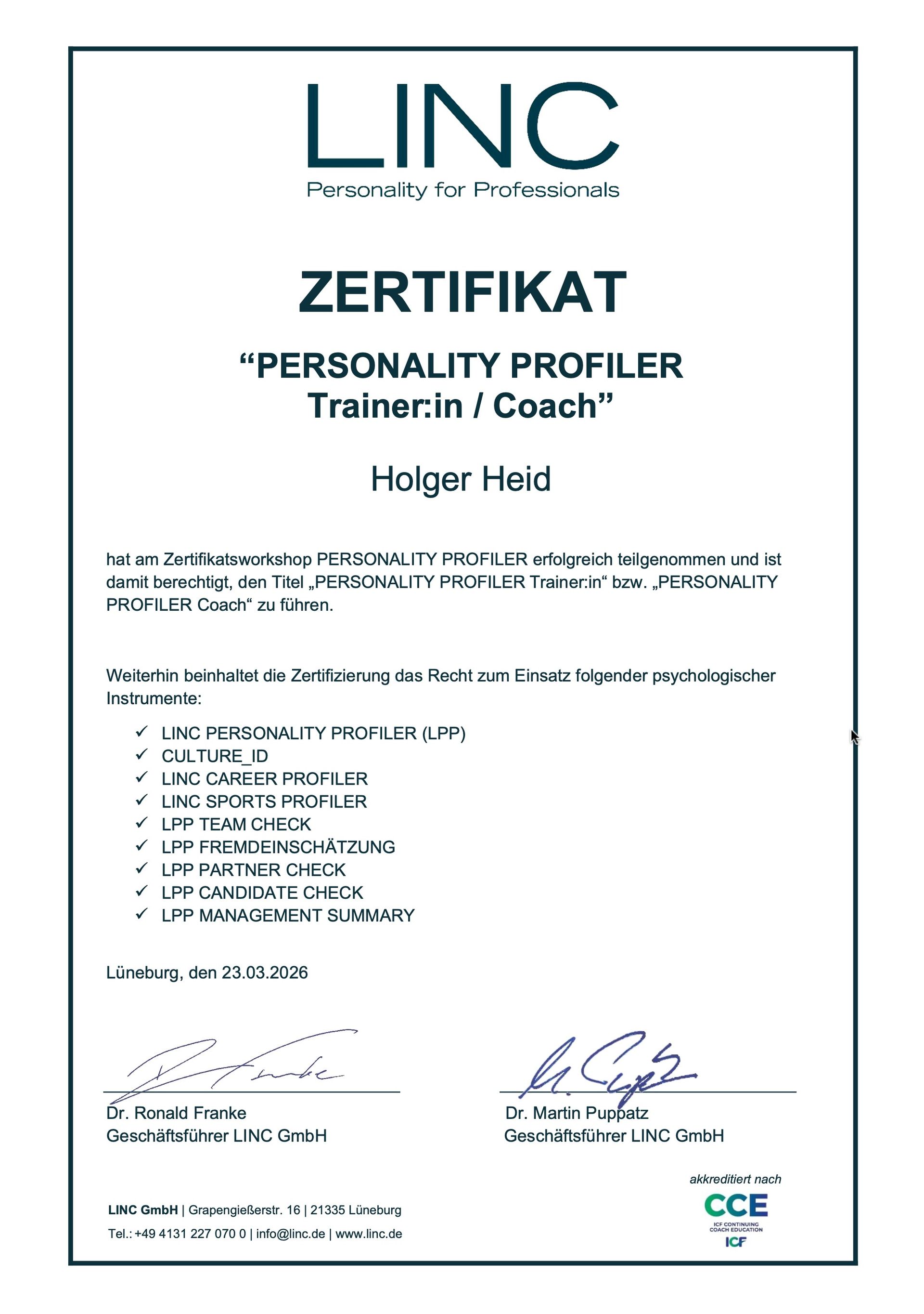 Offizielles Zertifikat LINC Personality Profiler Coach Holger HEID Offizielles Zertifikat LINC Personality Profiler Coach Holger HEID