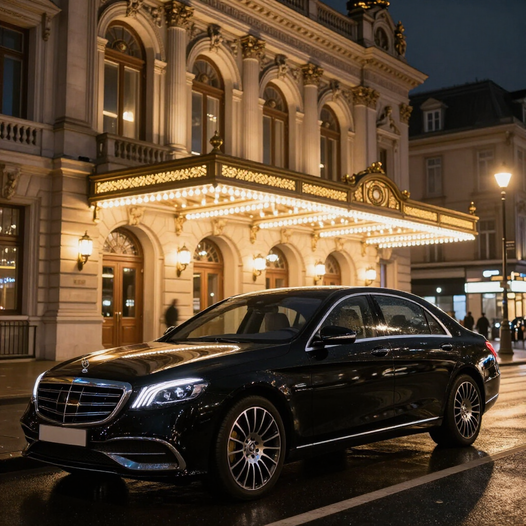 Berlina Mercedes nera di notte davanti a un teatro illuminato