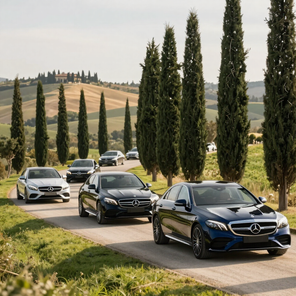 Corteo di auto Mercedes lungo un vialetto bordato di cipressi toscani