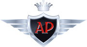 Logo a forma di scudo alato argentato con le lettere rosse 