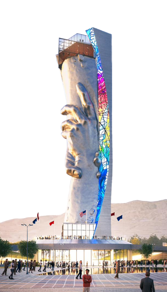 A side-view 3D rendering of the statue of responsibility created by the architecture firm FFKR
