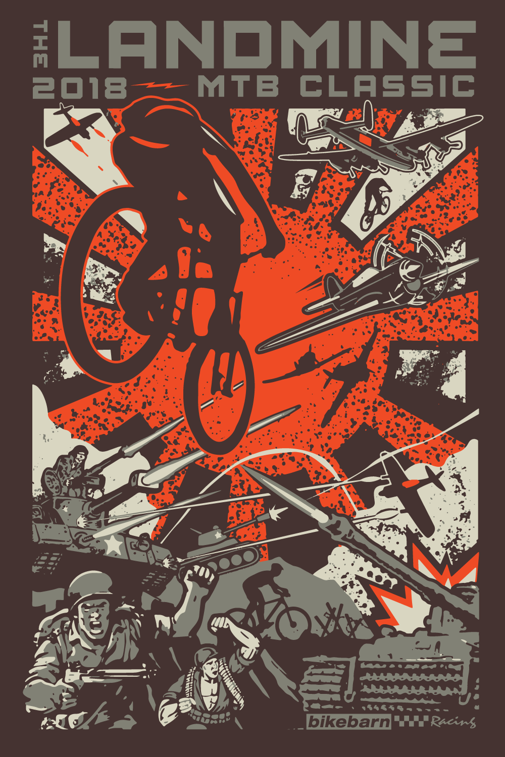 Landmine MTB Classic 2018 poster with red-and-black mountain bikers and explosive, gritty graphics