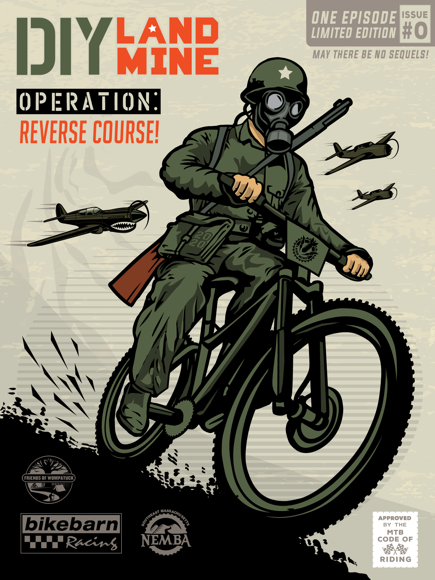 Comic-style poster of a green motorcycle rider popping a wheelie on a dirt trail, with “DIY Landline” and “Operation: Reverse Course” text