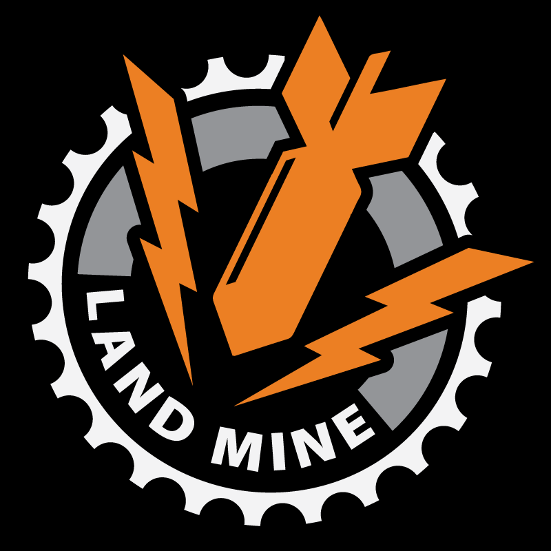 Black gear icon with orange lightning bolts and “LAND MINE” text inside
