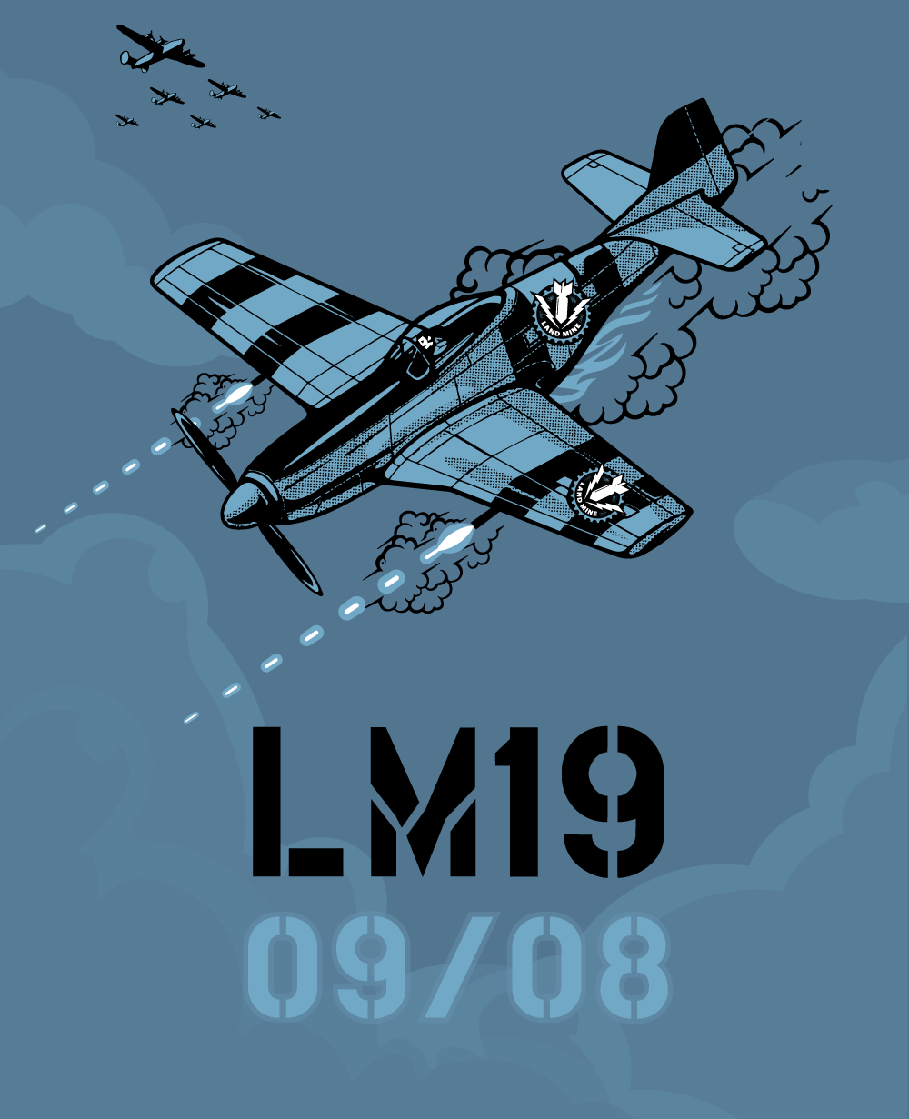 Vintage fighter plane illustration with LM19 and 09/08 text on a blue background