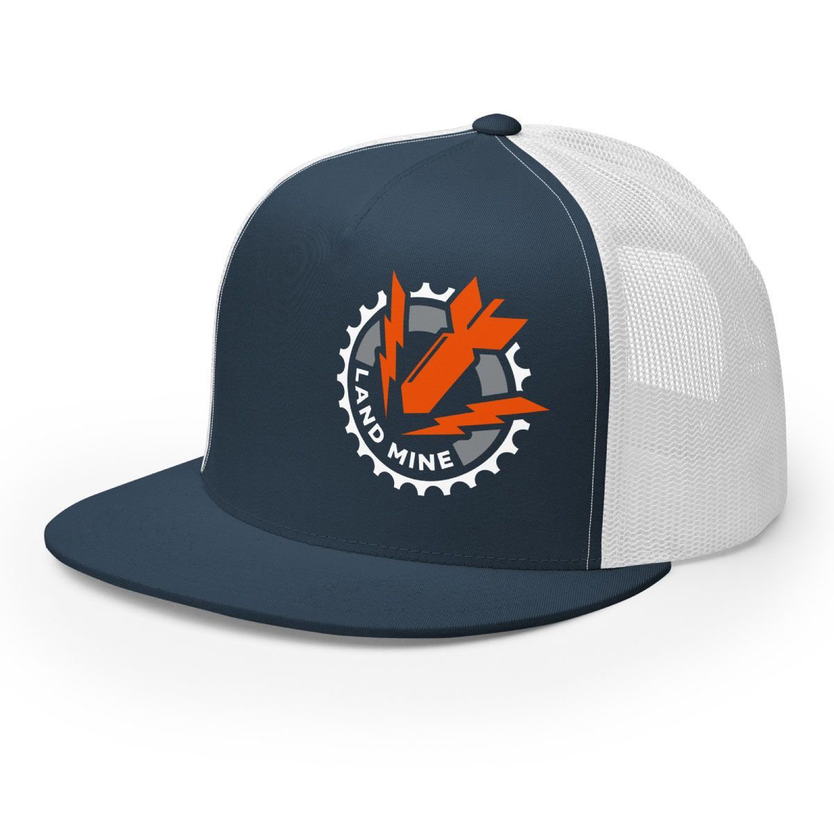 Dark navy and white trucker hat with orange mining logo and gear emblem