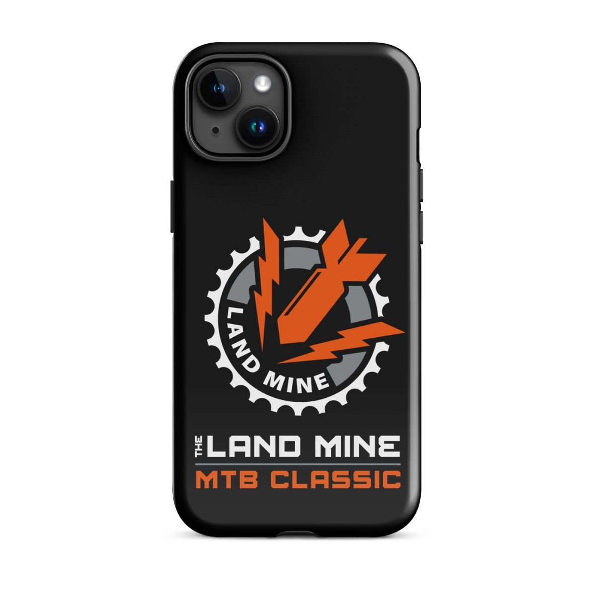 Black phone case with Land Mine MTB Classic logo in white, gray, and orange text and mountain bike graphic