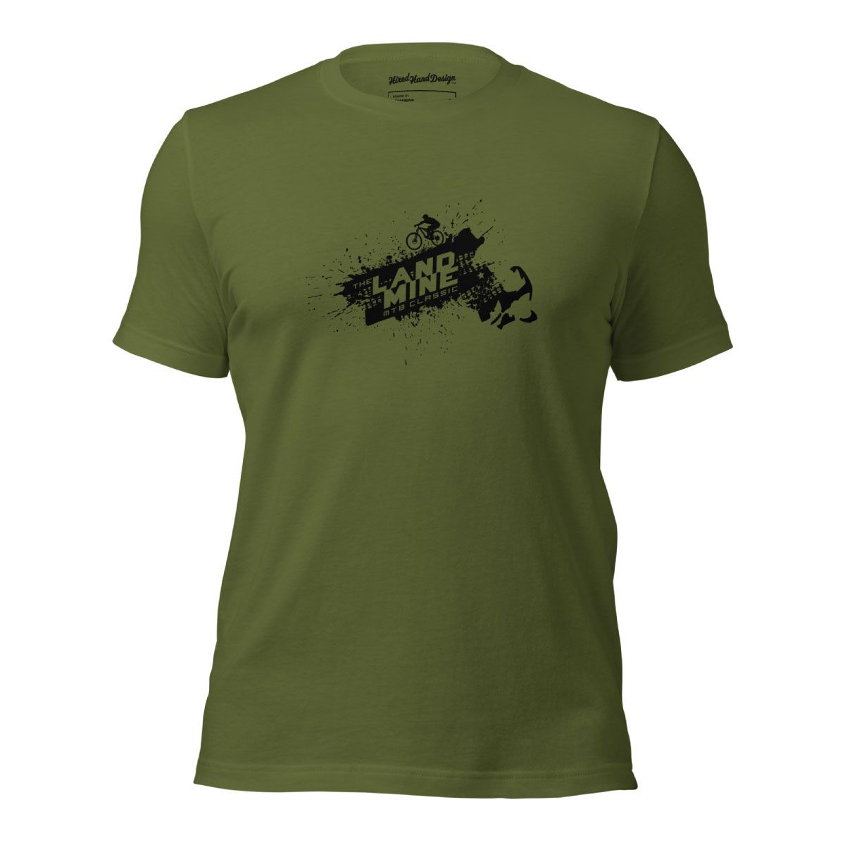 Olive green T-shirt with a black graphic centered on the chest