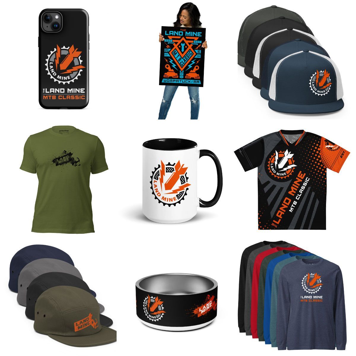 Assorted Black Orange Cat apparel and accessories: phone case, hoodie, mug, shirts, hats, and beanie.
