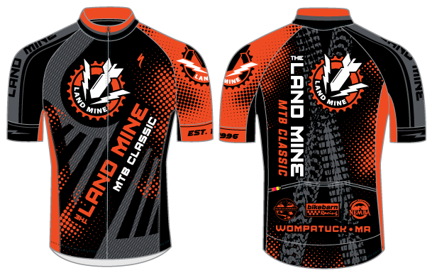 Front and back views of an orange, black, and white Land Mine racing jersey with bold geometric graphics