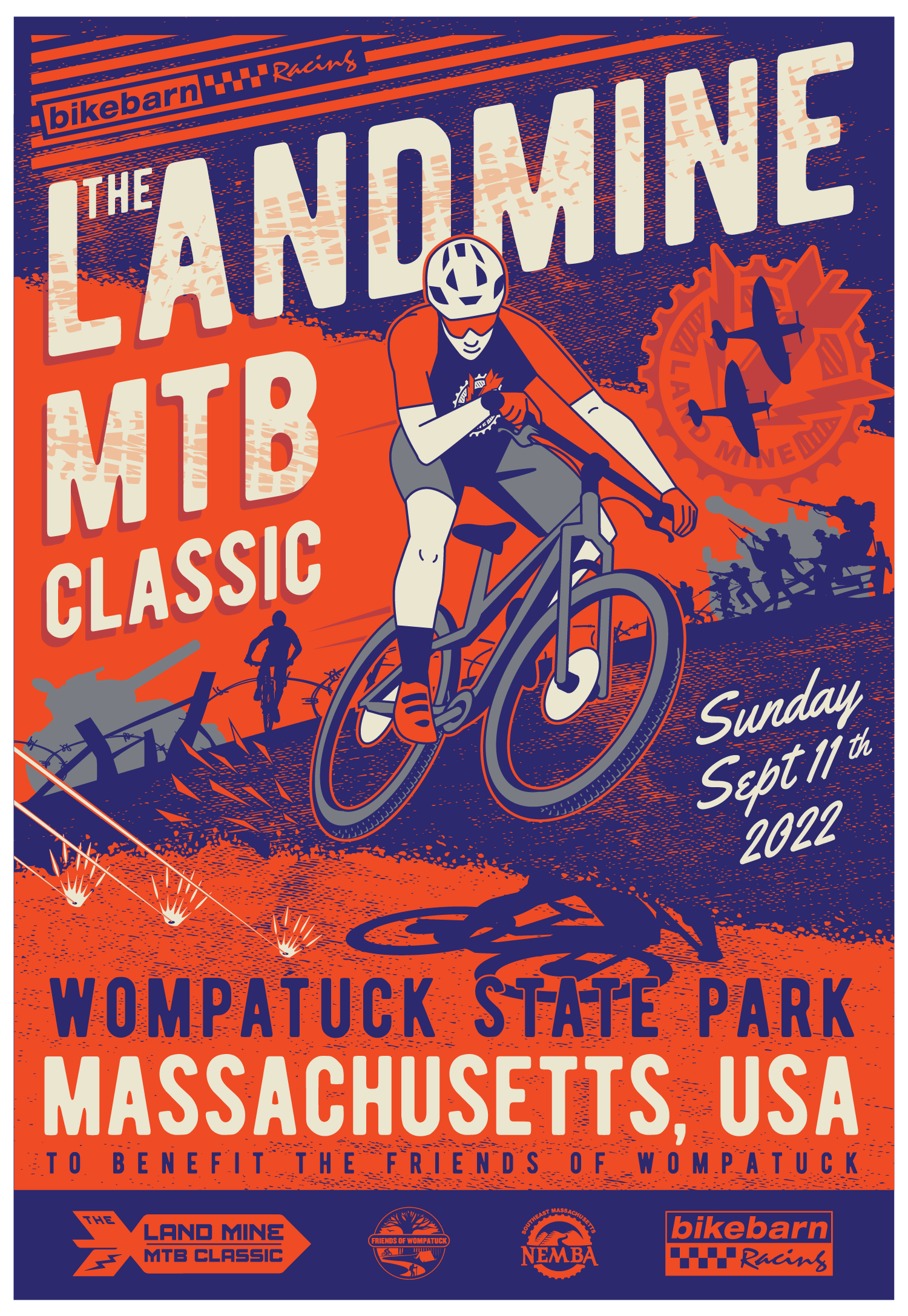 Landmine MTB Classic poster with a cyclist, orange-blue design, Wompatuck State Park, Massachusetts, Sept. 2024