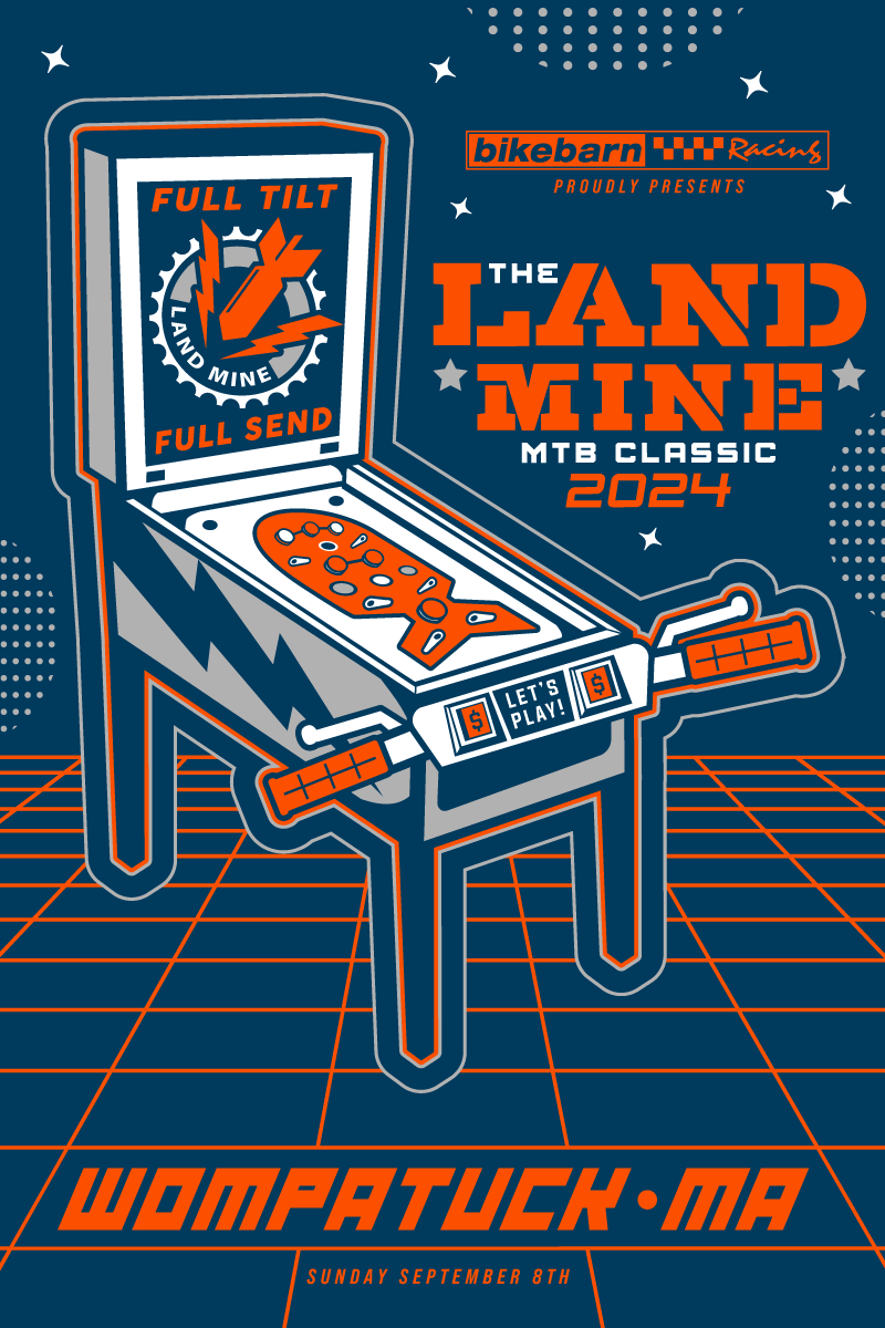 Blue-and-orange pinball poster for “The Land Mine” with “Full Tilt Full Send” and “Wompatuck, MA” text.