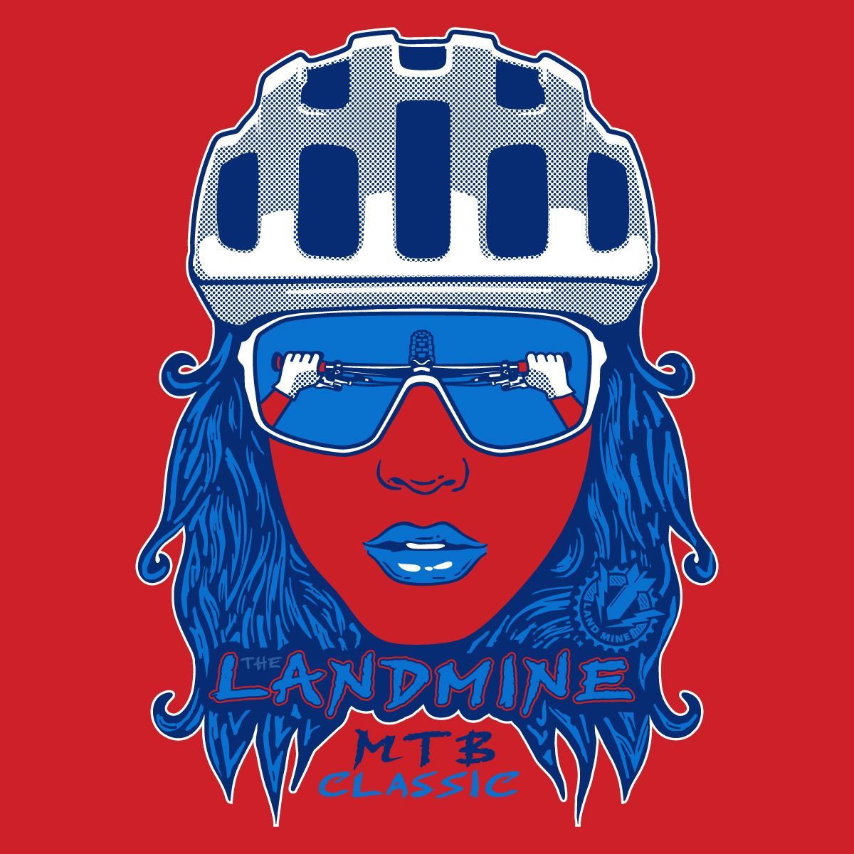 Logo of a helmeted cyclist with sunglasses and blue hair, red face, and “Landmine MTB Classic” text