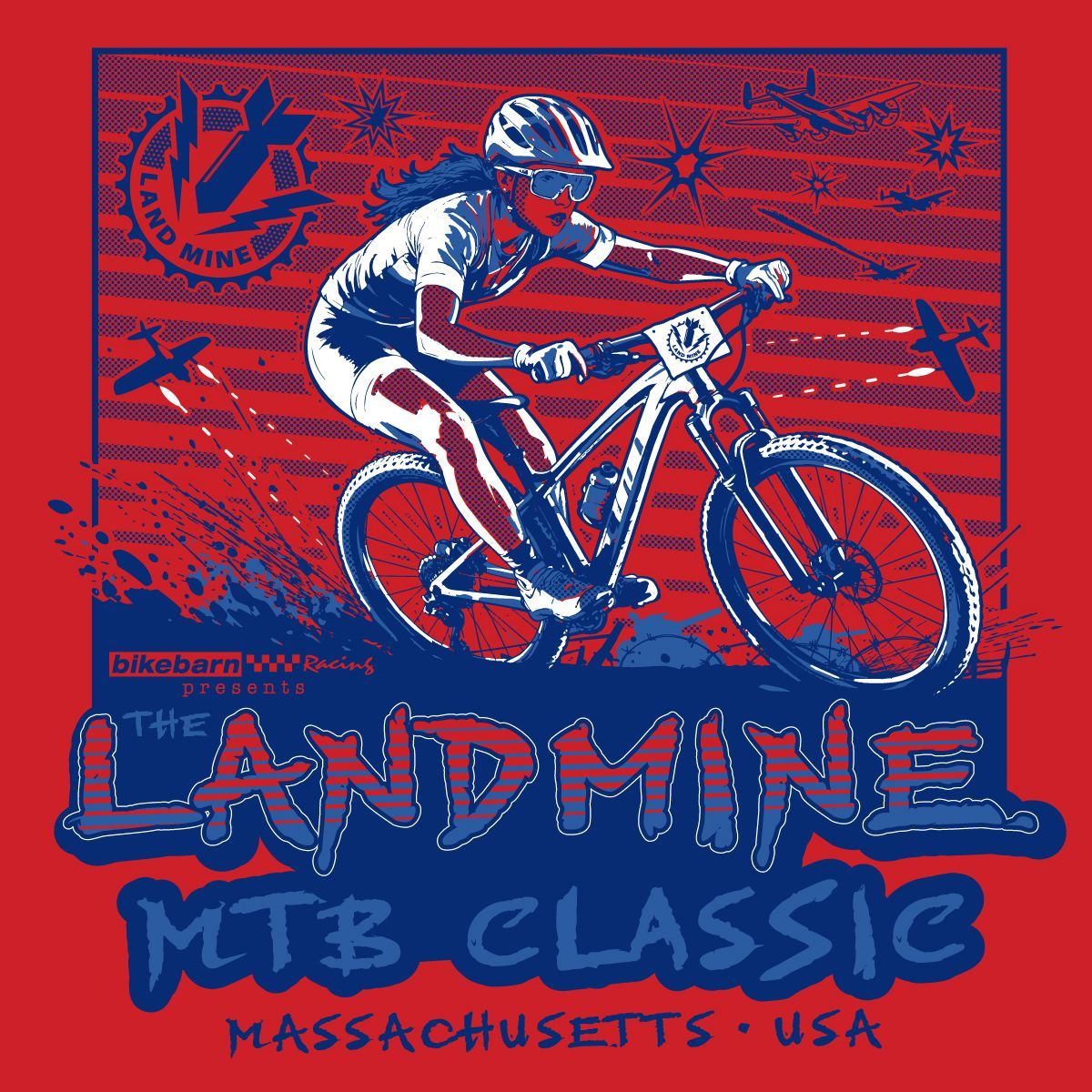 Mountain biker riding on a red-and-blue AndMine MTB Classic Massachusetts USA poster.