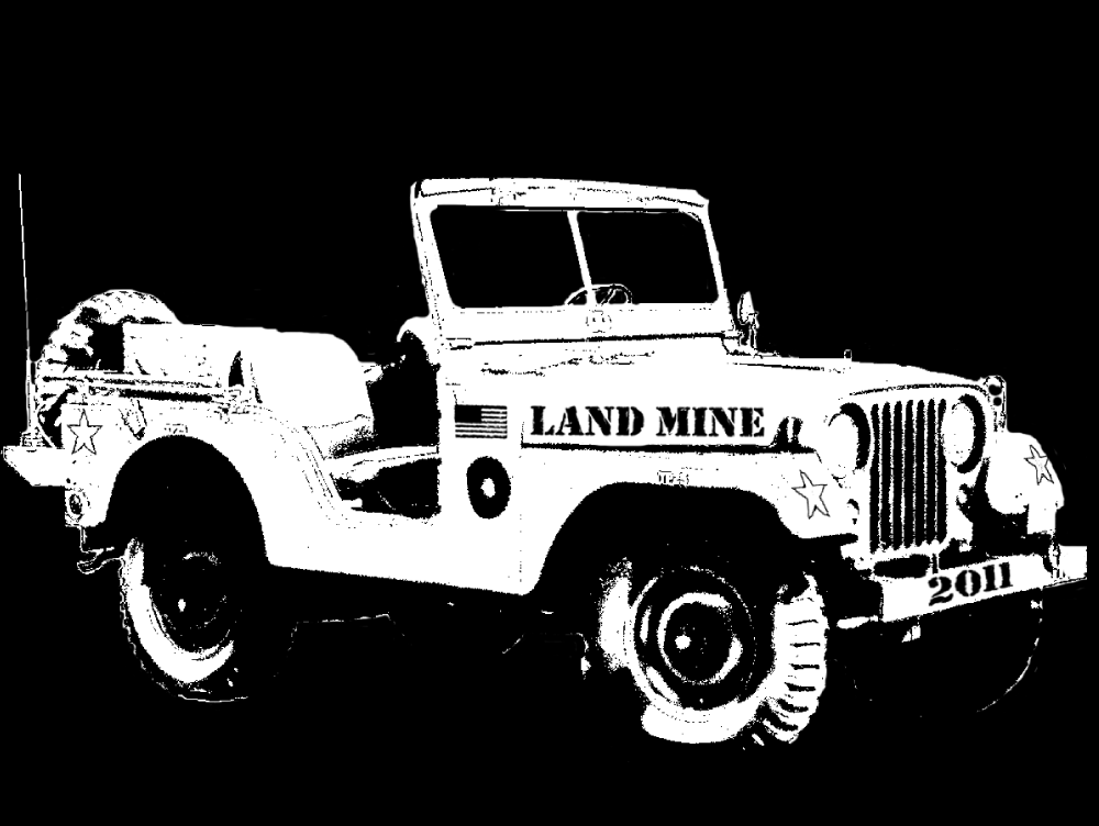 Black-and-white illustration of a military jeep labeled “LAND MINE” with a rear-mounted gun.