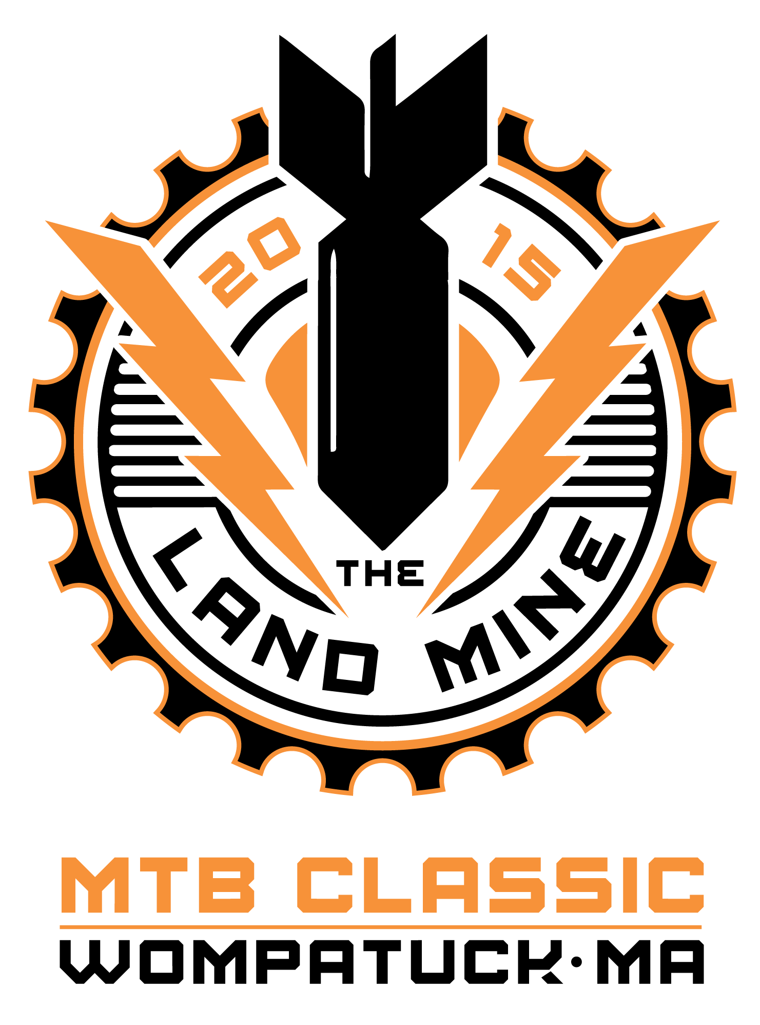 The Land Mine MTB Classic logo in orange, black, and white with Wompatuck, MA text
