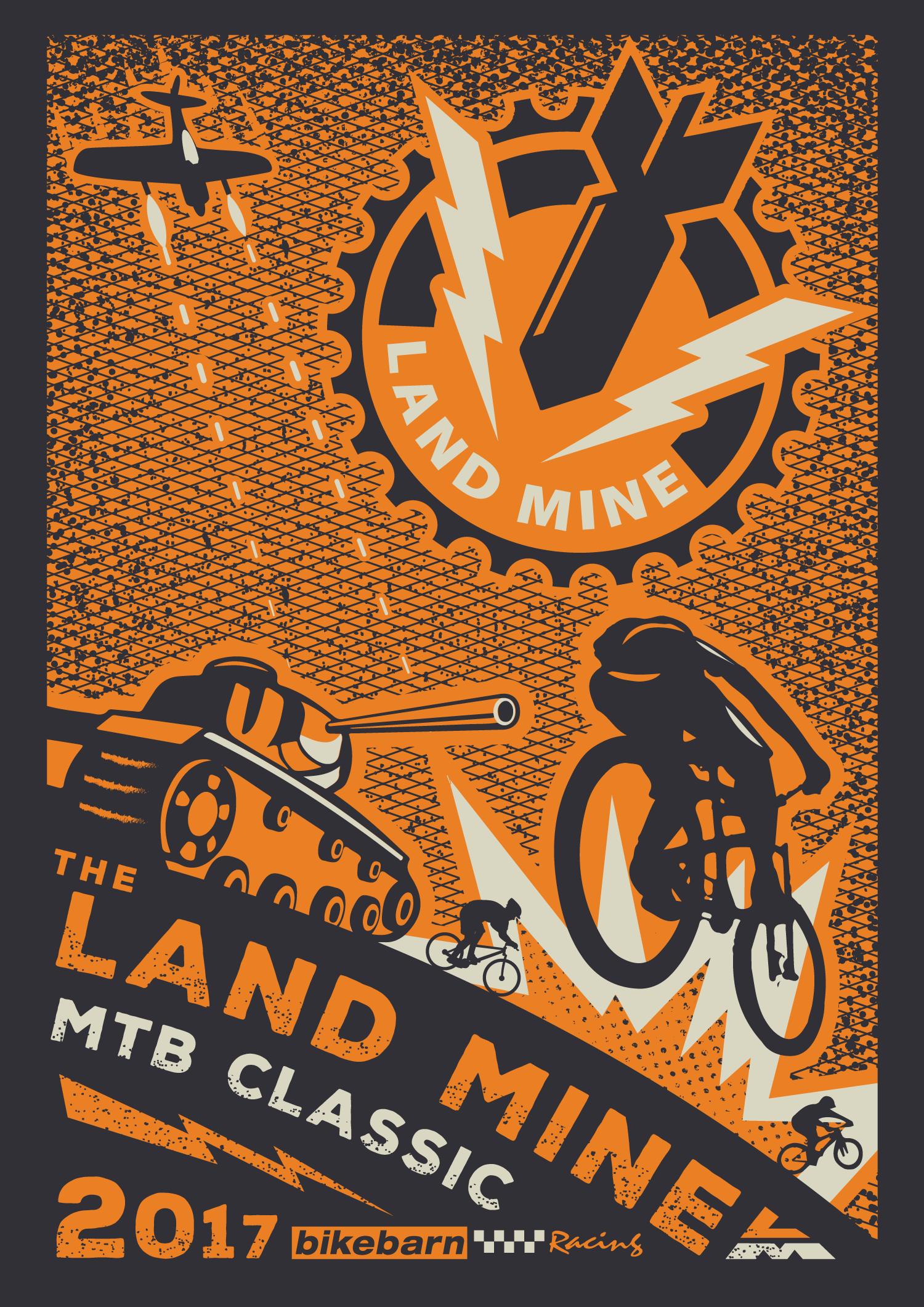 Orange poster for the Land Mine MTB Classic 2017, with mountain bikers and a black map silhouette.