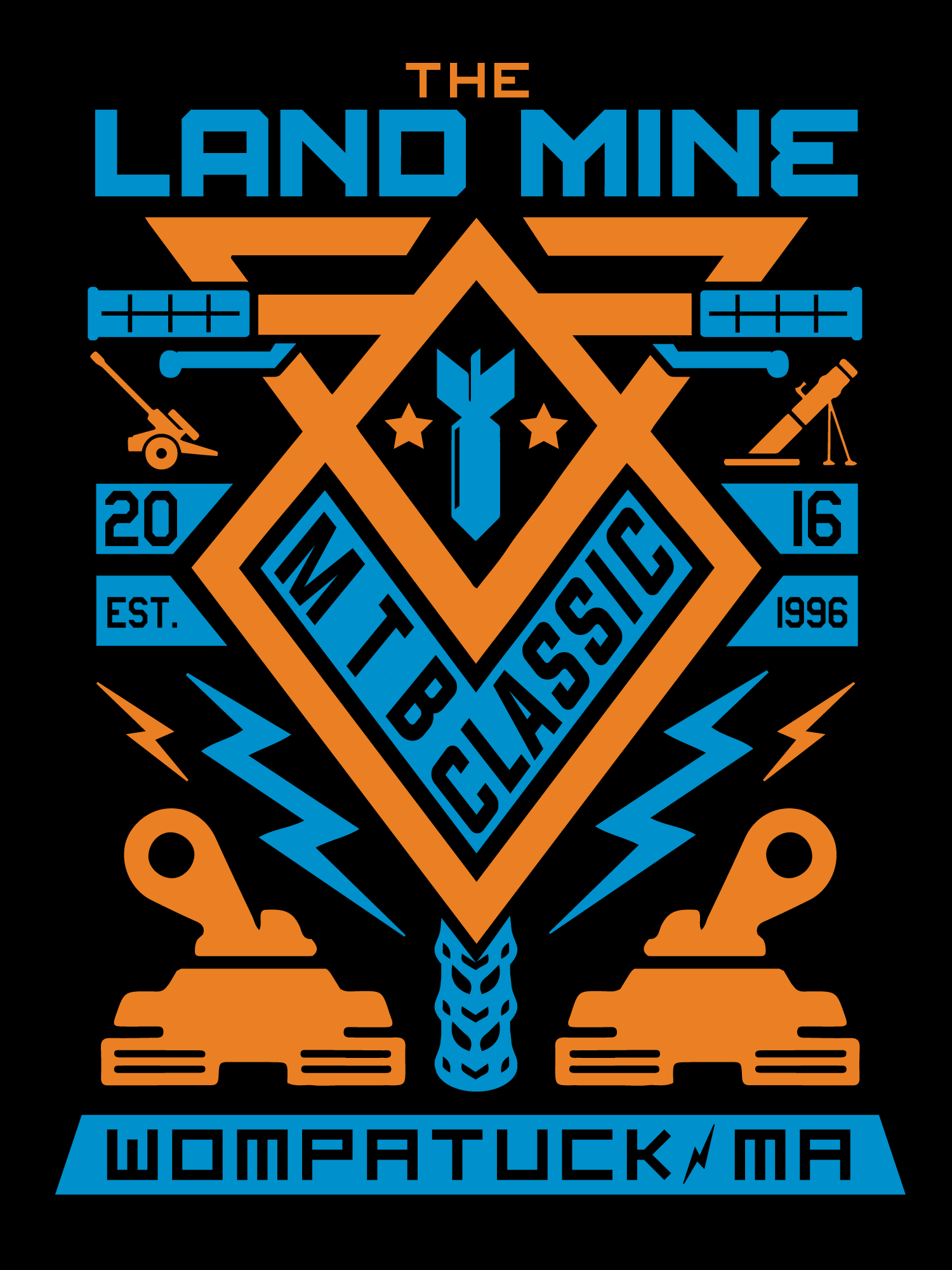 The Land Mine MTB Classic logo with orange and blue bicycles, hammers, and Wompatuck, MA text