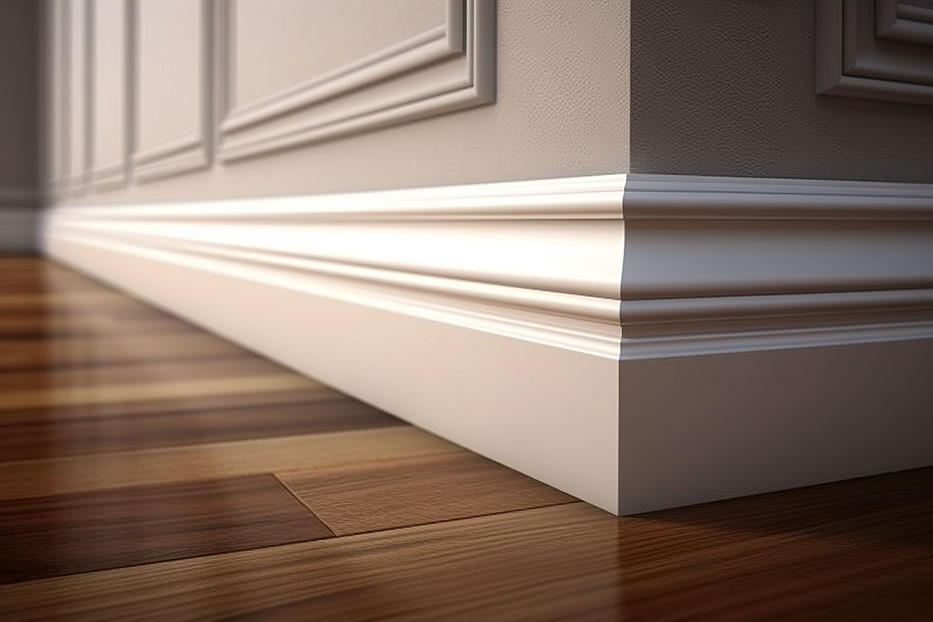 A close up of a white molding on a wooden floor.