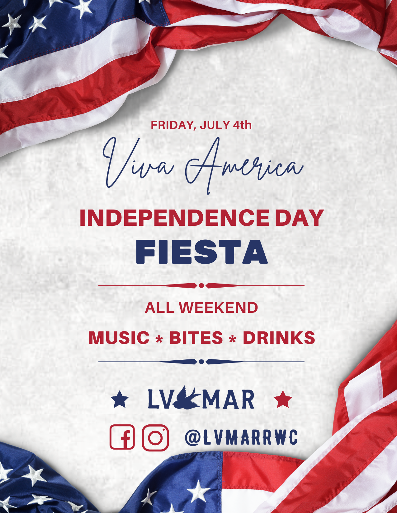 Independence Day Fiesta poster with red, white and blue bunting, July 4th, music, bites and drinks